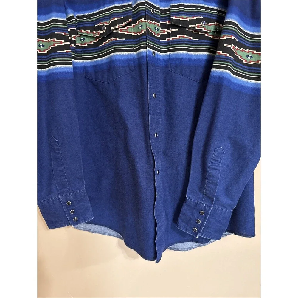 Wrangler Pearl Snap Western Shirt XL Cowboy Rodeo Aztec Southwestern Blue Vtg - Picture 7 of 9
